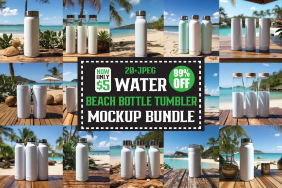 Beach Water Bottle Tumbler Mockup Bundle for Product Mockups and Graphics